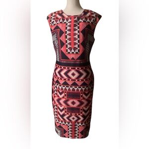 NWOT Vince Camuto Women Red and Black Geometric Stretch Midi Dress, Sz 8
